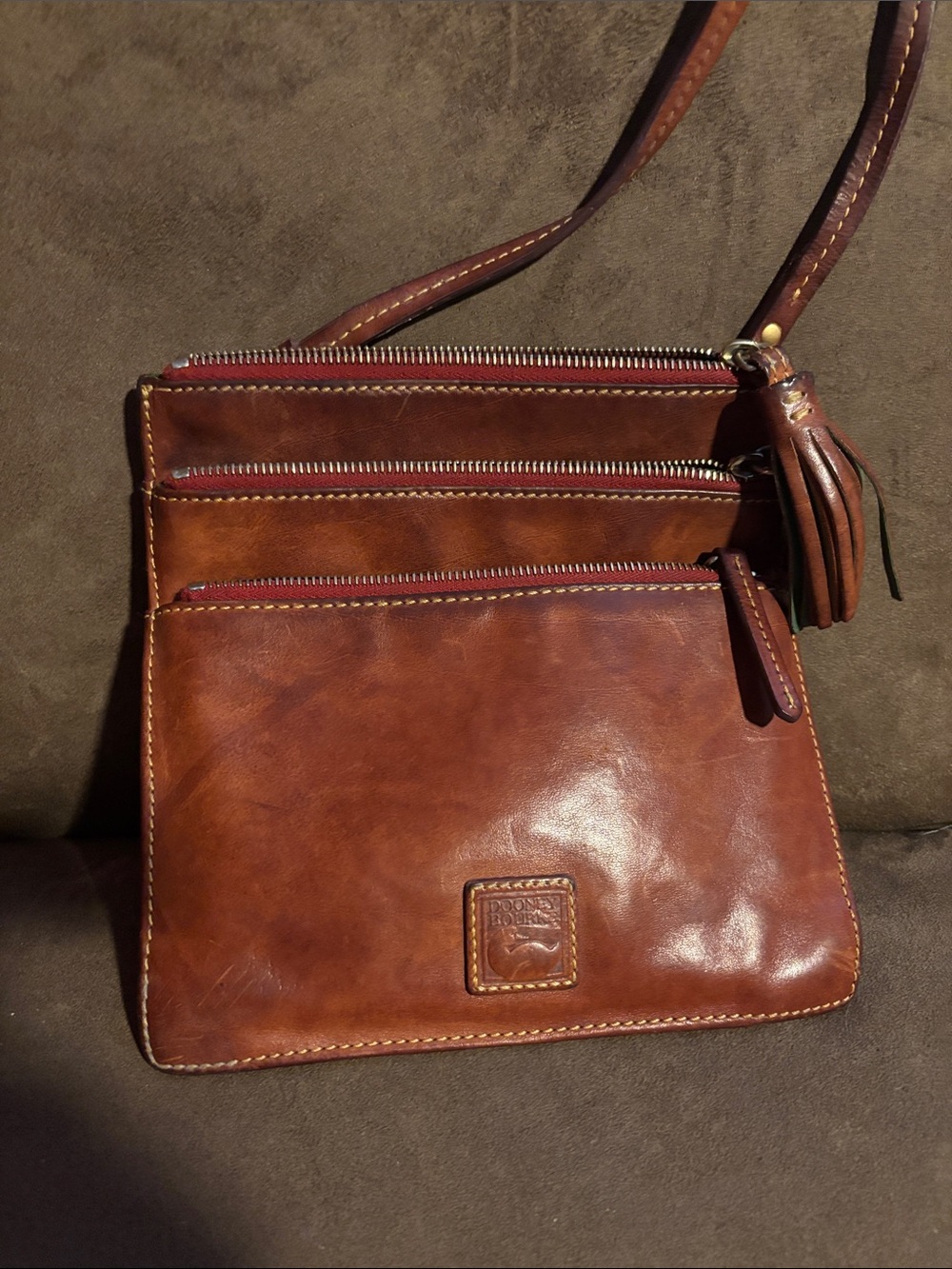 Dooney & Bourke Chestnut Brown Leather Triple-Zip Messenger